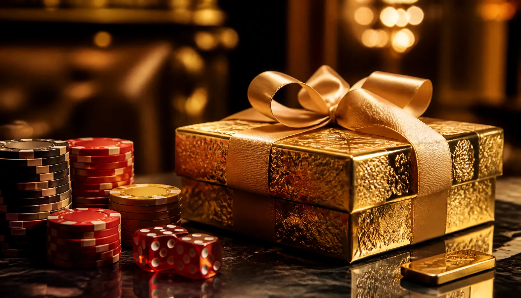 Ornate golden treasure chest overflowing with coins in a dramatic stone labyrinth corridor with warm torchlight