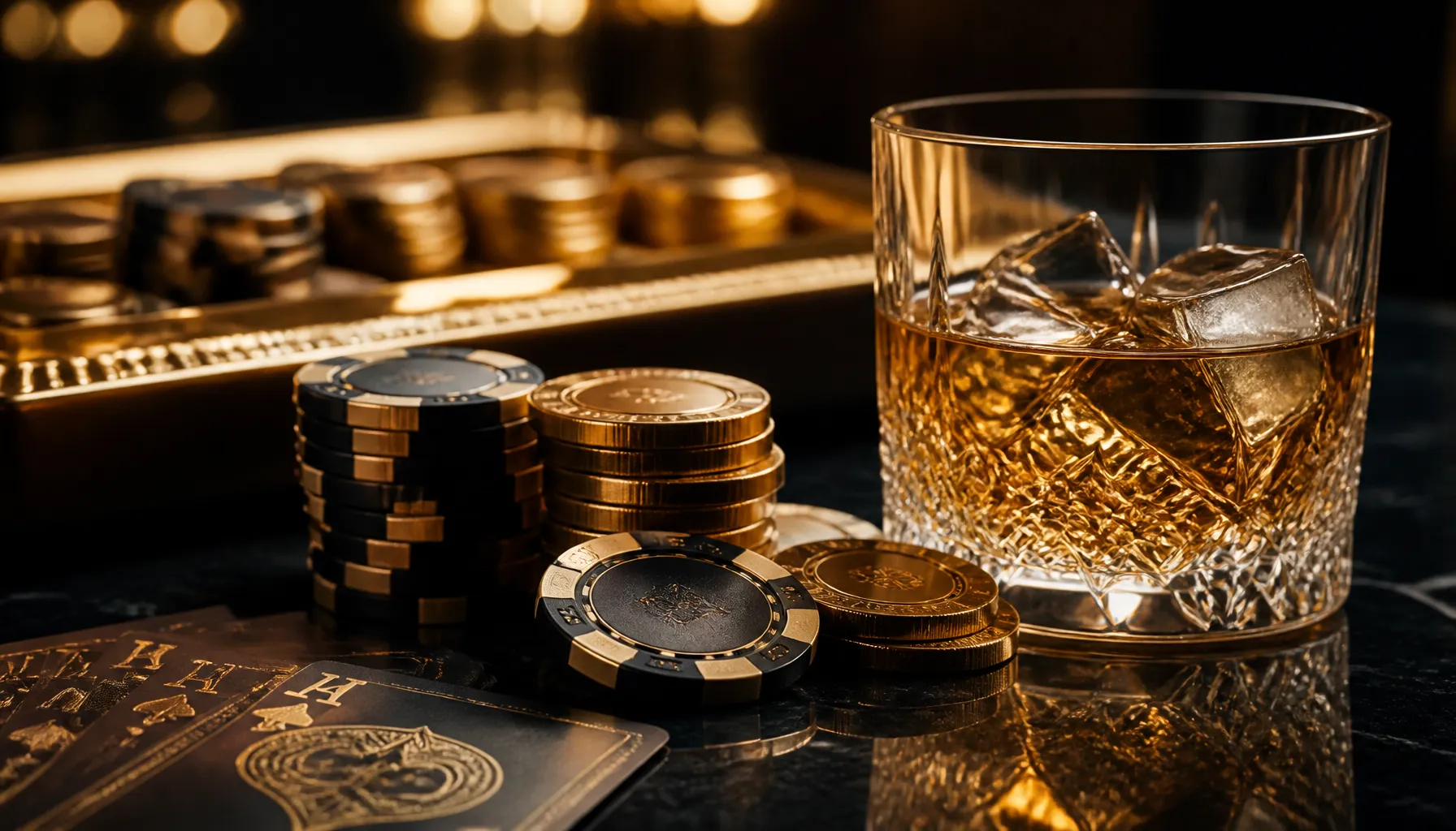 Ornate golden treasure chest overflowing with coins in a dramatic stone labyrinth corridor with warm torchlight